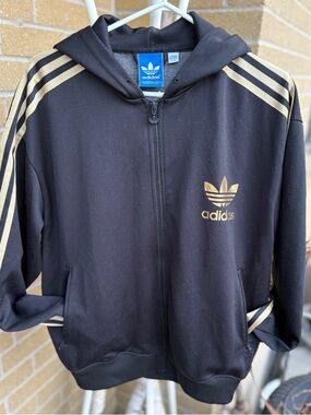 adidas Black Zip-Up Hoodie with Gold Trefoil and Stripes